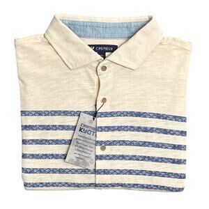 Daniel Cremieux Shirt Men's Large Long Sleeve Polo Shirt Cream Blue Stripe NEW